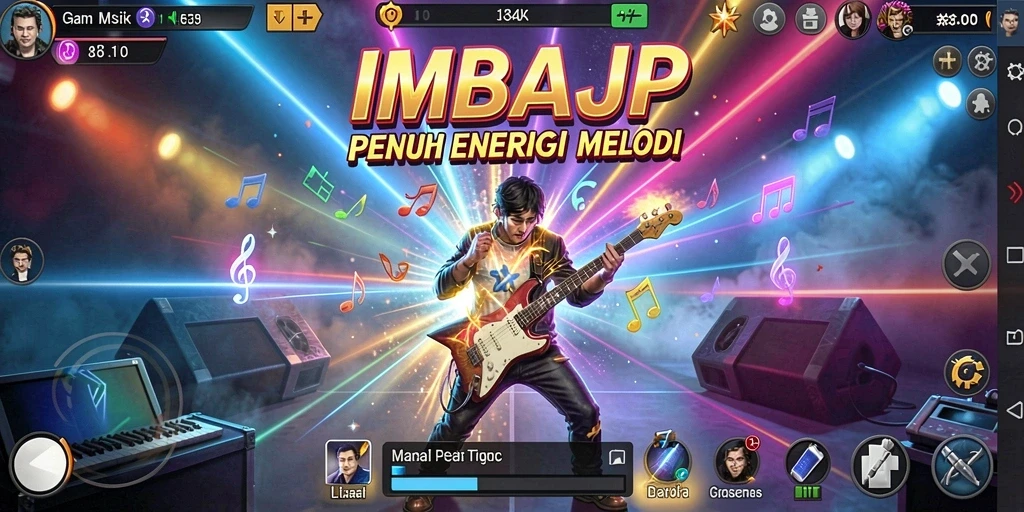 Tampilan gameplay menyenangkan dengan berbagai pilihan lagu dan mode permainan.