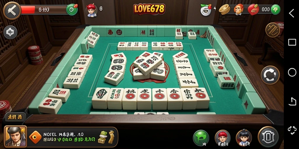 Tangkapan layar gameplay LOVE678 menampilkan ubin Mahjong yang berwarna-warni.