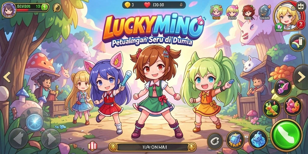 Screenshot utama LUCKYMINO yang menampilkan aksi seru karakter Anime.