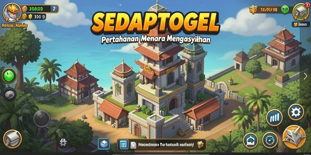 Screenshot gameplay SEDAPTOGEL yang menunjukkan pertahanan menara yang kuat.
