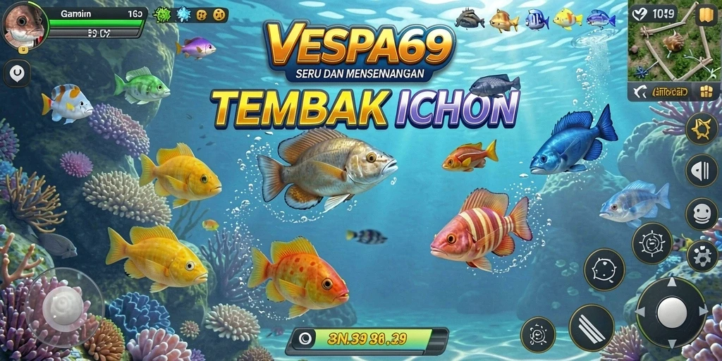 Screenshot VESPA69 menampilkan aksi seru dalam Tembak Ikan.